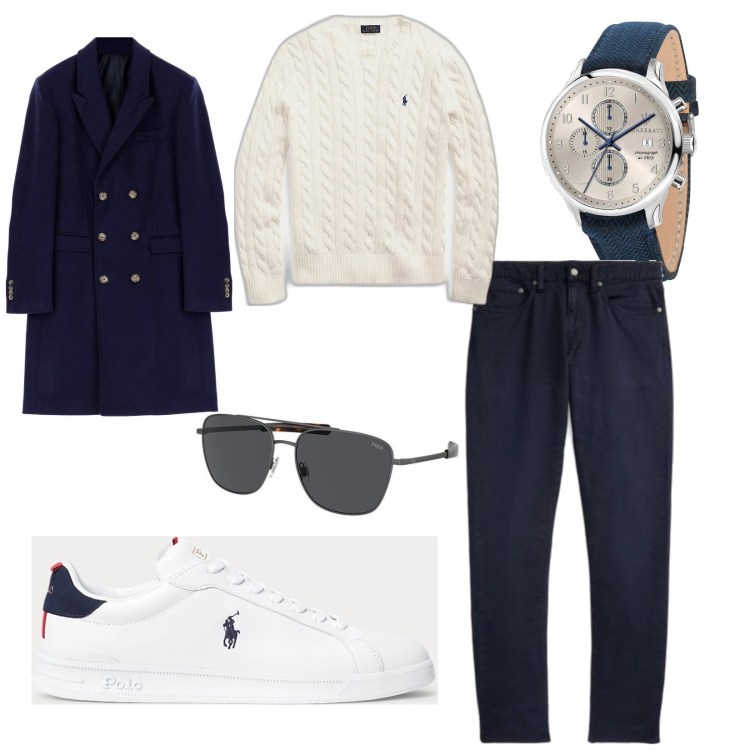 Outfit uomo - Elegante blue. Abbinamento con orologi, cappotti, sneakers, maglieria, pantaloni chino, occhiali da sole.