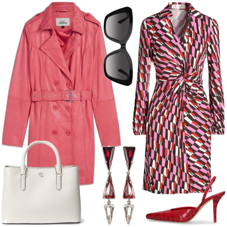 Outfit donna - Geometrie. Stile Chic per Tutti i giorni. Abbinamento con trench, vestiti corti, orecchini, occhiali da sole, borse a mano, décolleté.