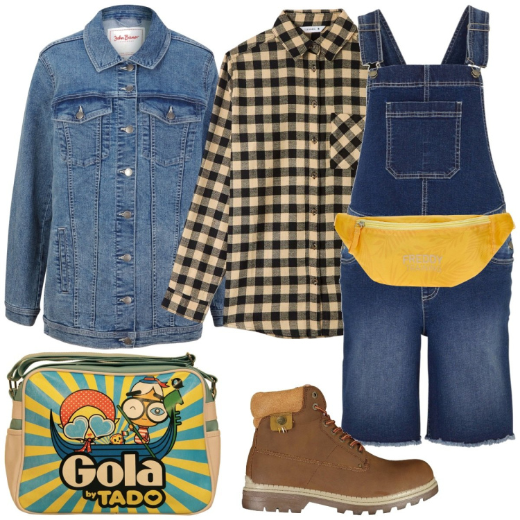 Outfit donna - Anni 90. Stile Trendy per Tutti i giorni. Abbinamento con blazer, salopette, camicie, marsupi, borse a spalla, stivali.