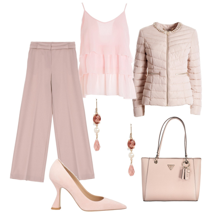 Outfit donna - Pasqua in rosa. Stile Bon Ton per Cerimonia. Abbinamento con décolleté, pantaloni, piumini, top, orecchini, borse a spalla.
