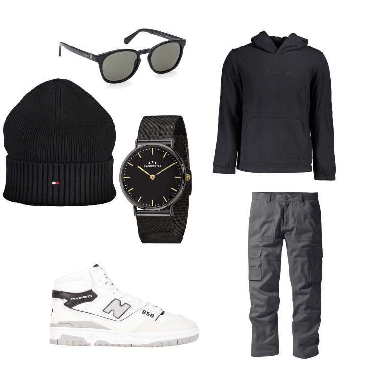 Outfit uomo - Cargo black. Abbinamento con sneakers alte, orologi, pantaloni cargo, occhiali da sole, berretti, felpe con cappuccio.