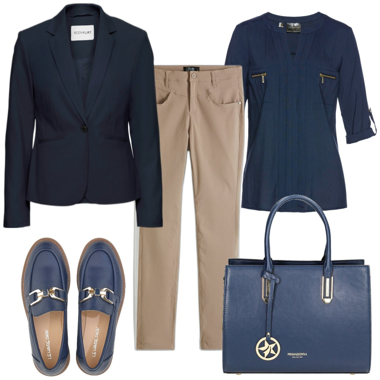 Outfit donna - Classica. Stile Chic per Tutti i giorni. Abbinamento con blazer, pantaloni, tuniche, borse a mano, mocassini.