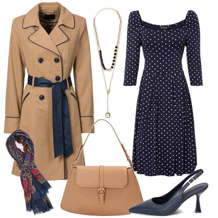Outfit donna - L\'abito a pois. Stile Chic per Tutti i giorni. Abbinamento con trench, vestiti, décolleté, borse a spalla, sciarpe, collane.
