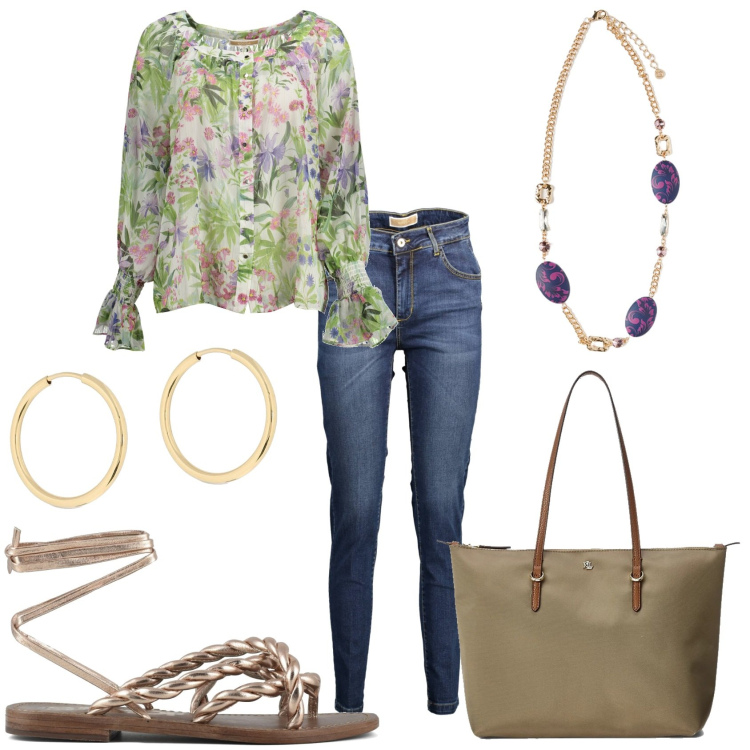 Outfit donna - Una giornata meravigliosa. Stile Casual chic per Tutti i giorni. Abbinamento con borse tote, sandali, camicie, jeans, orecchini, ciondoli.