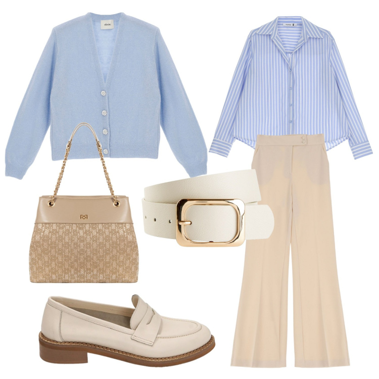 Outfit donna - La camicia a righe. Stile Casual per Scuola/Università. Abbinamento con cinture, borse a spalla, camicie, pantaloni, mocassini, cardigans.
