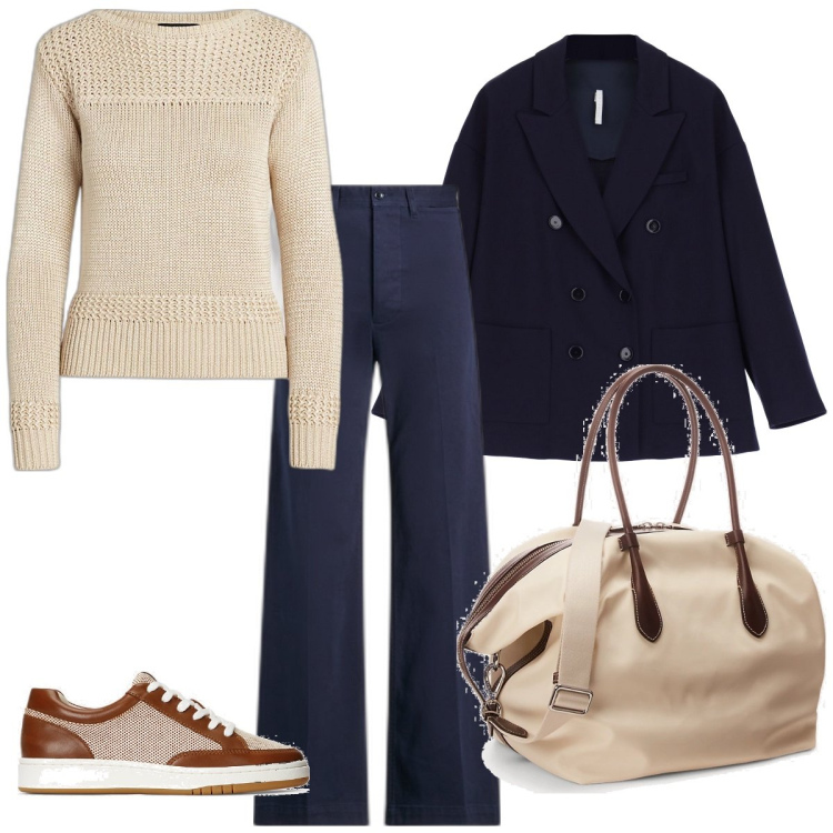 Outfit donna - Classicamente… comoda. Stile Sporty chic per Tutti i giorni. Abbinamento con blazer, maglieria, sneakers, borse tote, pantaloni.