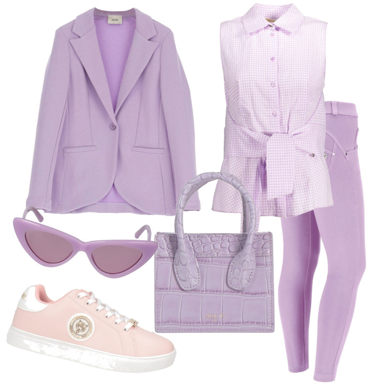 Outfit donna - Monocolore. Stile Casual per Tutti i giorni. Abbinamento con sneakers, borse a mano, blazer, pantaloni skinny, camicie, occhiali da sole.