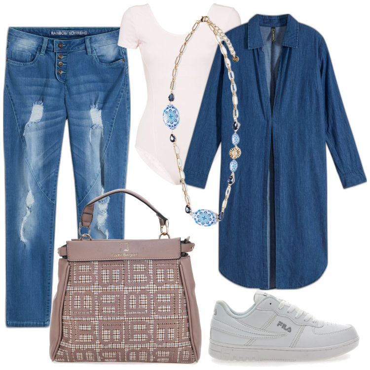 Outfit donna - Camicia Oversize. Stile Casual per Tutti i giorni. Abbinamento con jeans boyfriend, camicie, body, sneakers, borse a mano, ciondoli.