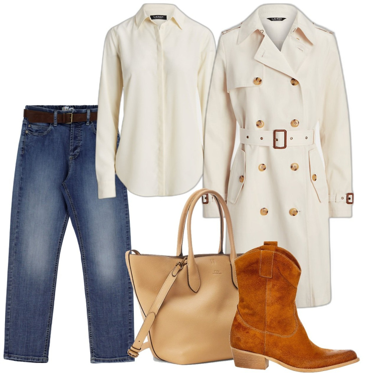 Outfit donna - Trench avorio. Stile Casual chic per Tutti i giorni. Abbinamento con stivali, jeans slim fit, camicie, cappotti, borse tote.