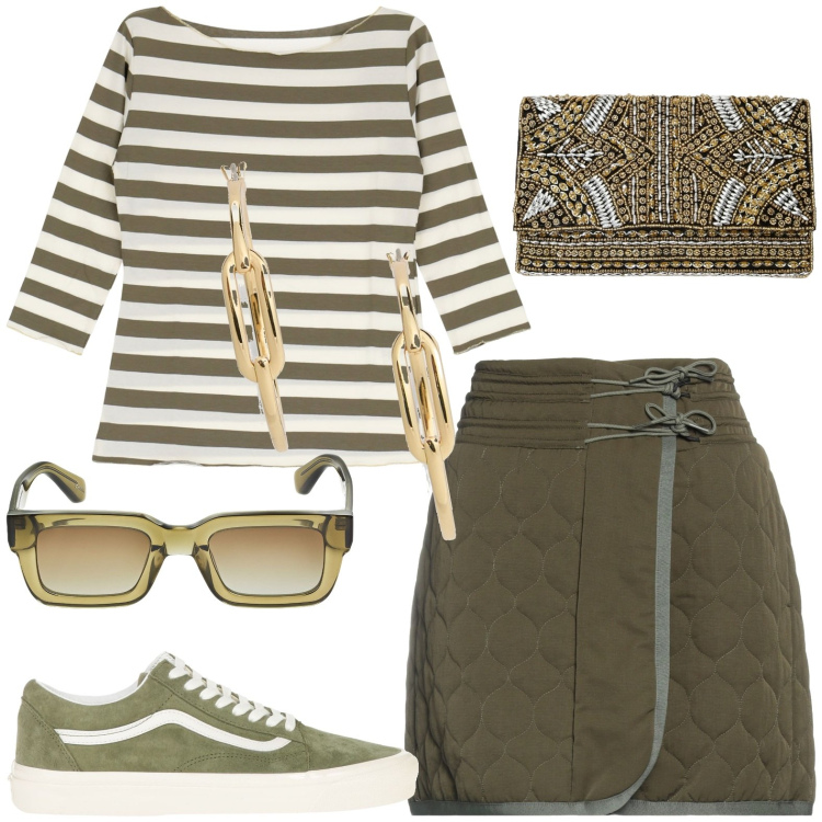 Outfit donna - Sportiva in gonna. Stile Casual per Tutti i giorni. Abbinamento con minigonne, sneakers, t-shirt, pochette, orecchini, occhiali da sole.