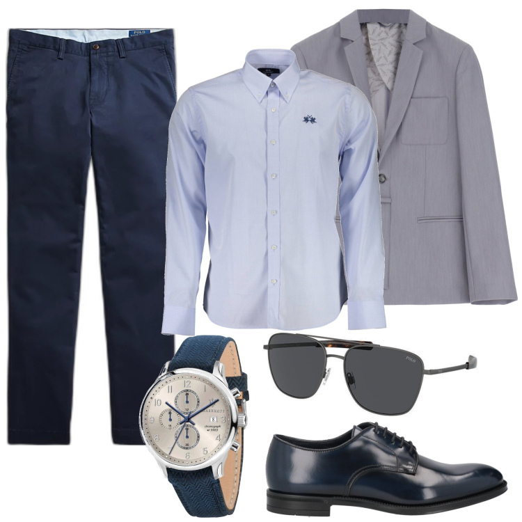 Outfit uomo - Spezzato per l\'ufficio. Stile Business/Elegante per Ufficio. Abbinamento con scarpe stringate, orologi, giacche, pantaloni, occhiali da sole, camicie.