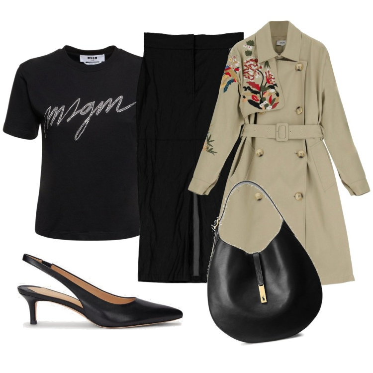 Outfit donna - Primavera in trench. Stile Casual per Tutti i giorni. Abbinamento con gonne longuette, trench, borse a spalla, décolleté, t-shirt.