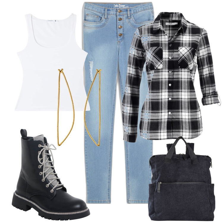 Outfit donna - Nostalgici \'90. Stile Minimal per Tutti i giorni. Abbinamento con camicie, zaini, jeans skinny, anfibi, canottiere, orecchini.