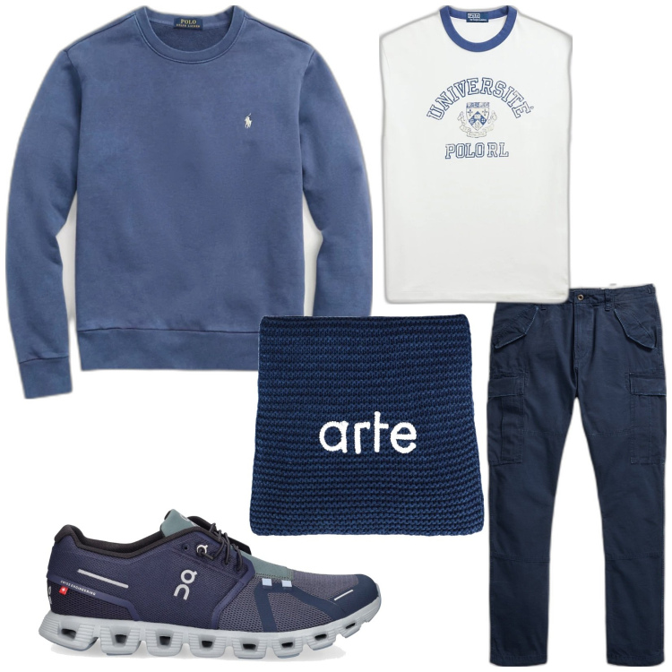 Outfit uomo - Total look #1840129. Stile Casual per Tutti i giorni. Abbinamento con sciarpe, felpe, pantaloni cargo, t-shirt, sneakers.