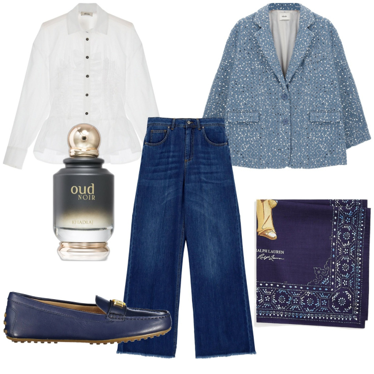 Outfit donna - Il Jeans. Stile Trendy per Tutti i giorni. Abbinamento con profumi, jeans, camicie, blazer, foulard, ballerine.