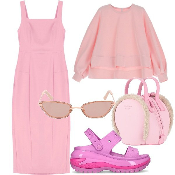 Outfit donna - Think pink for spring. Stile Casual chic per Tutti i giorni. Abbinamento con zaini, vestiti midi/longuette, felpe, sandali, occhiali da sole.