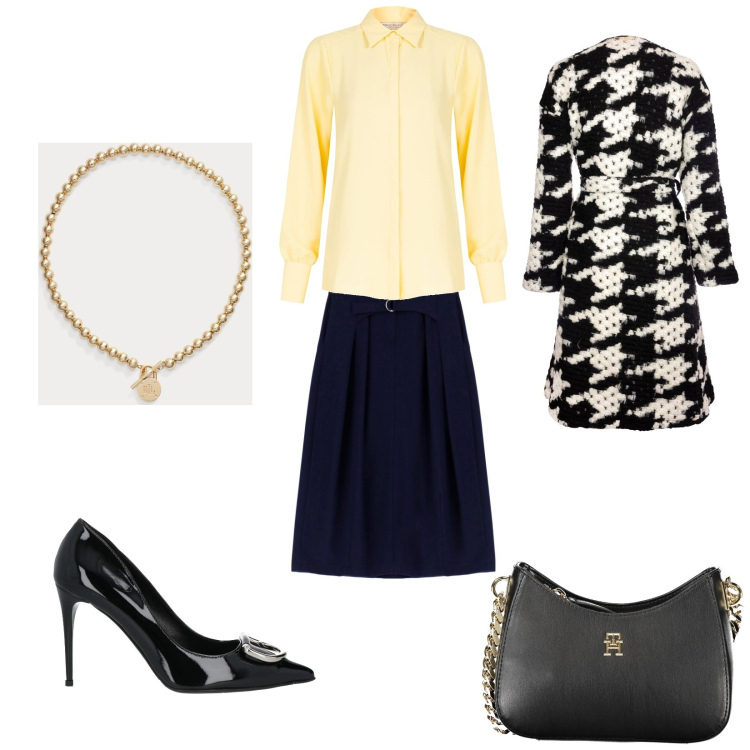 Outfit donna - Serata Glamour. Stile Casual chic per Serata fuori. Abbinamento con décolleté, camicie, cappotti, gonne longuette, collane, borse a spalla.