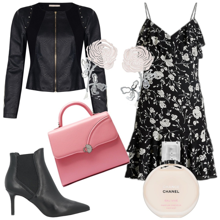 Outfit donna - Romantica rock. Stile Casual chic per Serata fuori. Abbinamento con stivaletti chelsea, profumi, blazer, vestiti senza maniche, orecchini, borse a mano.
