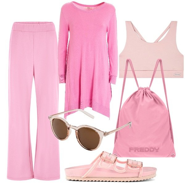 Outfit donna - Think pink plus size. Stile Casual chic per Tutti i giorni. Abbinamento con occhiali da sole, canottiere, vestiti asimmetrici, pantaloni a palazzo, zaini, sandali.