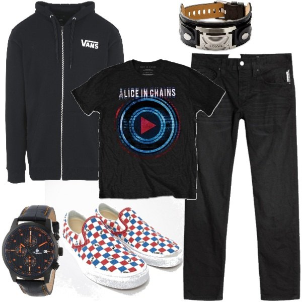 Outfit uomo - Pronto per il concerto. Stile Biker Rock per Serata speciale. Abbinamento con scarpe da ginnastica a quadri senza lacci, braccialetti, orologi.
