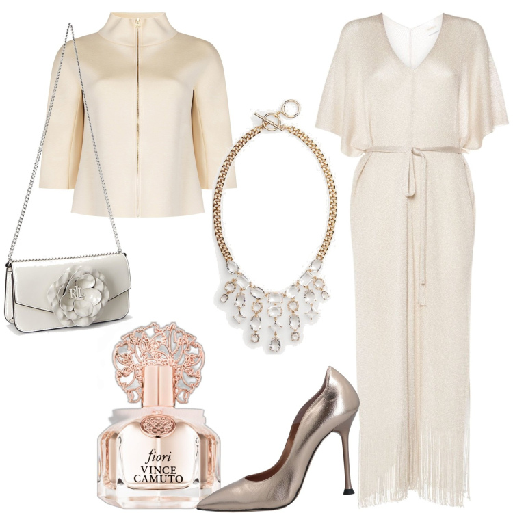 Outfit donna - Cerimonia. Stile Romantica per Cerimonia. look ideale per Tall. Abbinamento con décolleté, profumi, cappe, borse a spalla, collane, vestiti midi/longuette.