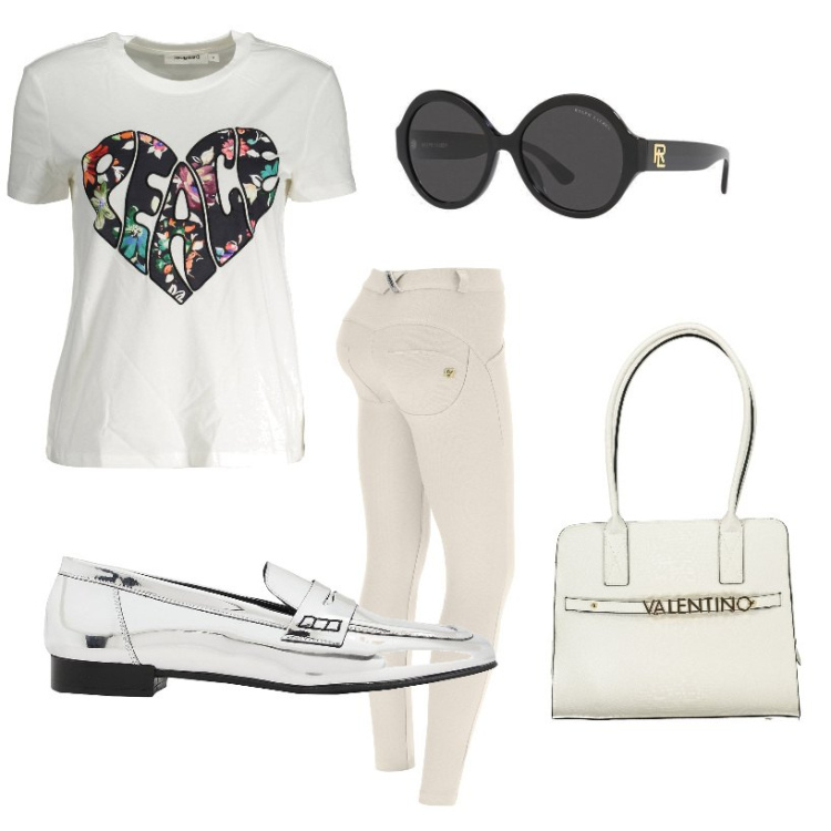 Outfit donna - Primavera total white. Stile Casual per Ufficio. Abbinamento con mocassini, pantaloni skinny, occhiali da sole, t-shirt, borse a spalla.