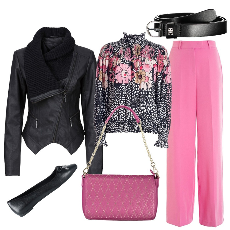 Outfit donna - Accenno di primavera. Stile Chic per Tutti i giorni. Abbinamento con ballerine, blazer, bluse, pantaloni a palazzo, borse a spalla, cinture.