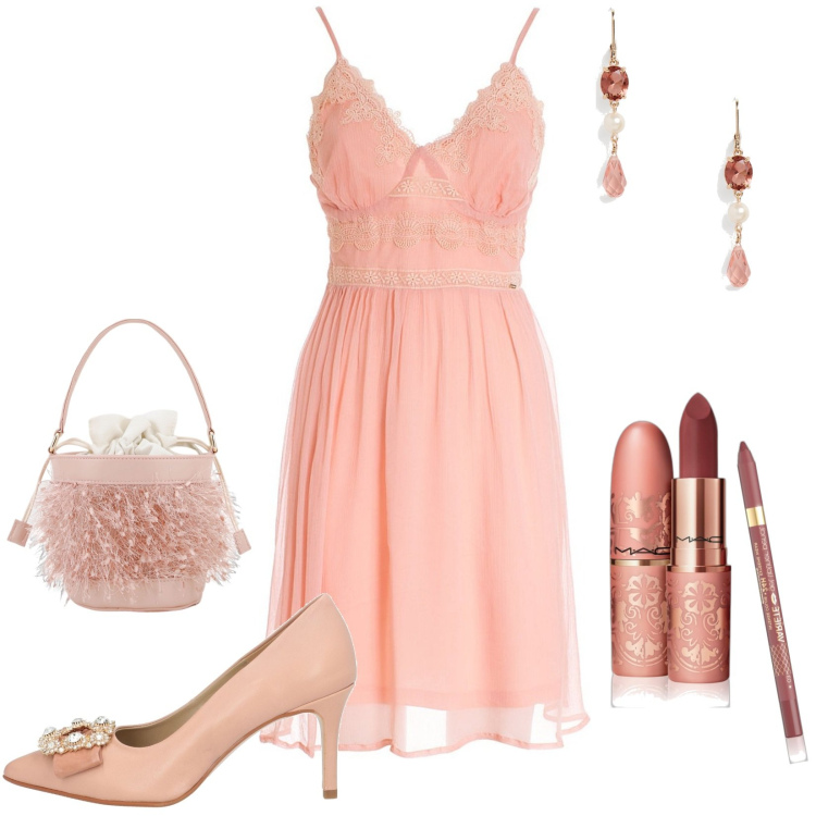 Outfit donna - Dayana: abitino ideale per battesimo. Stile Romantica per Cerimonia. Abbinamento con décolleté, matite labbra, rossetti, vestiti senza maniche, orecchini, borse a secchiello.
