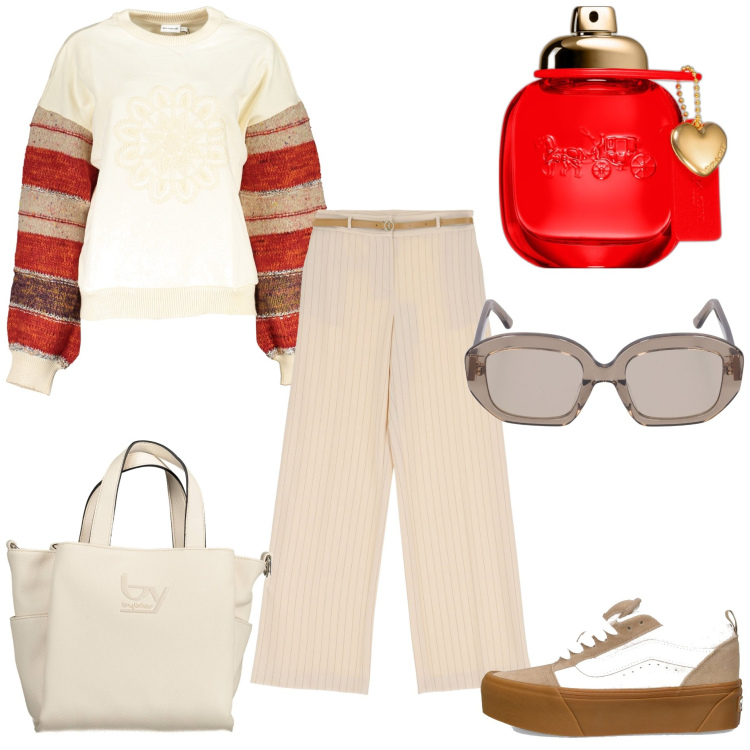 Outfit donna - Il mio tempo libero. Stile Trendy per Tutti i giorni. Abbinamento con profumi, pantaloni, sneakers, borse a spalla, felpe, occhiali da sole.
