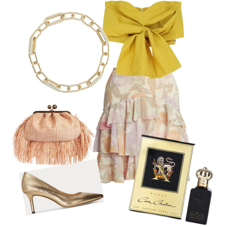 Outfit donna - A cena con lui. Stile Glamour per Serata fuori. Abbinamento con profumi, braccialetti, top, gonne, décolleté, pochette.