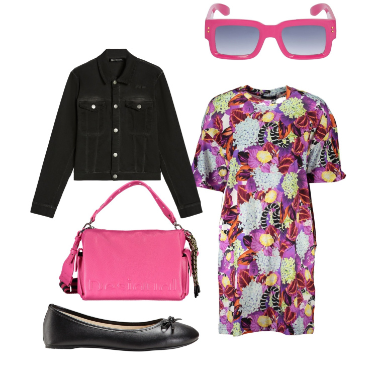 Outfit donna - Pasqua a fiori. Stile Basic per Tutti i giorni. Abbinamento con ballerine, blazer, vestiti corti, borse a spalla, occhiali da sole.