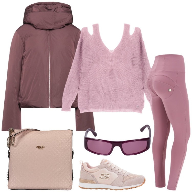 Outfit donna - Al parco. Stile Sporty chic per Tutti i giorni. Abbinamento con sneakers, piumini, pullovers, pantaloni skinny, occhiali da sole, borse a spalla.