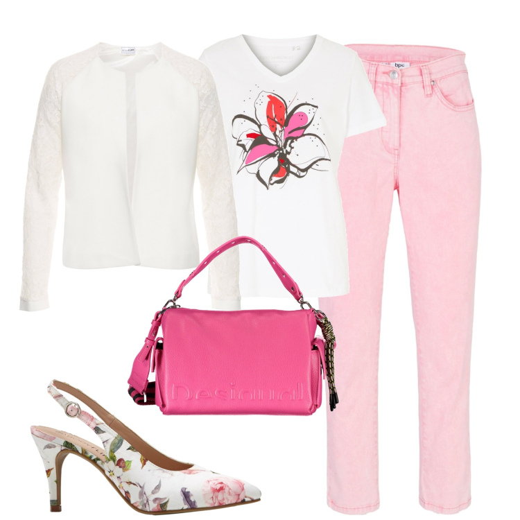 Outfit donna - Primavera panna e fragola. Stile Casual chic per Tutti i giorni. Abbinamento con pantaloni, blazer, t-shirt, décolleté, borse a spalla.