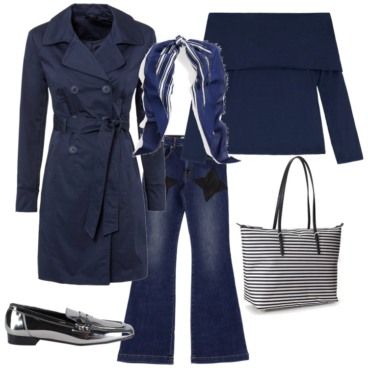 Outfit donna - Week end fuori porta. Stile Trendy per Tutti i giorni. Abbinamento con trench, mocassini, top, jeans, sciarpe, borse tote.