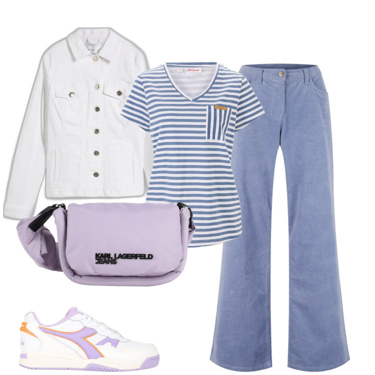 Outfit donna - Primavera pastello. Stile Casual per Tutti i giorni. Abbinamento con t-shirt, pantaloni, blazer, sneakers, borse a tracolla.