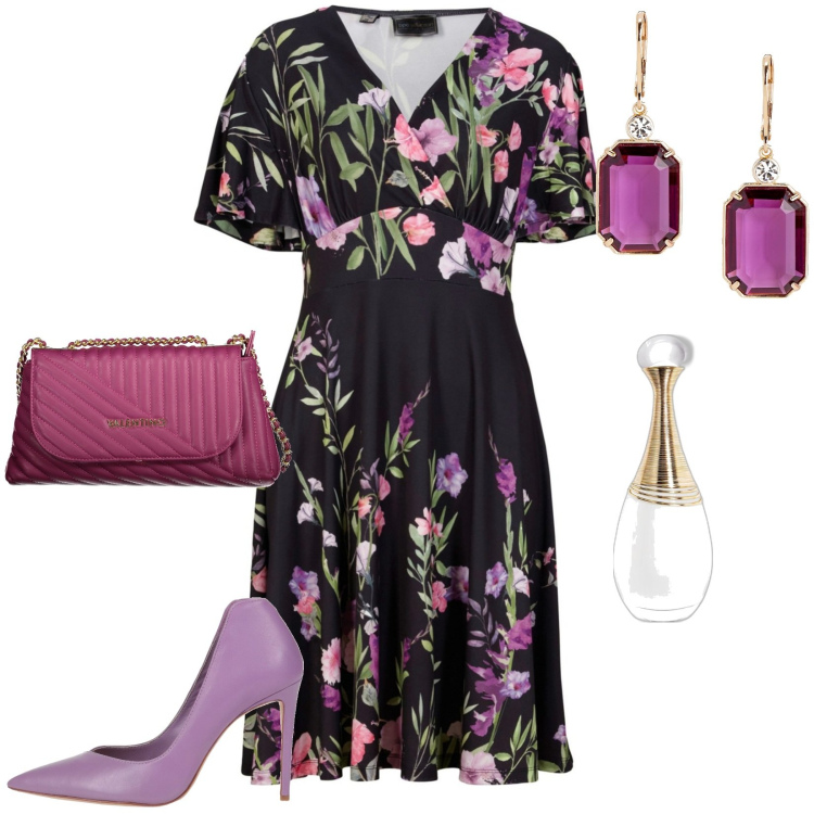 Outfit donna - Dayana/ Abito dal taglio fluente. Stile Romantica per Cerimonia. Abbinamento con vestiti, décolleté, profumi, orecchini, borse a tracolla.