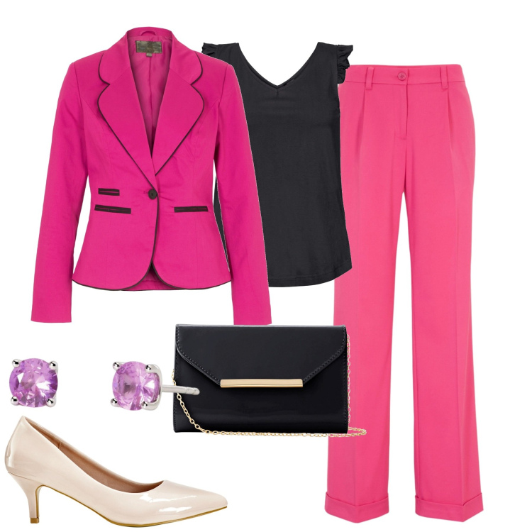 Outfit donna - Cerimonia. Stile Chic per Cerimonia. Abbinamento con top, décolleté, pantaloni, pochette, blazer, orecchini.