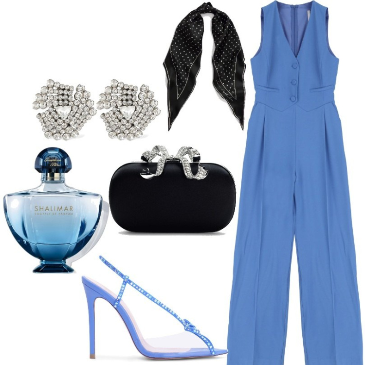 Outfit donna - Dayana/ cerimonia. Stile Chic per Cerimonia. Abbinamento con profumi, tute, foulard, sandali in pelle, clutch, orecchini.