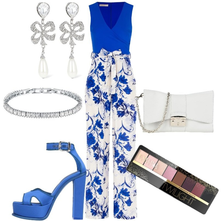 Outfit donna - Dayana/Tuta elegante in morbido tessuto. Stile Chic per Cerimonia. Abbinamento con borse a spalla, braccialetti, sandali in pelle, ombretti, tute, orecchini.