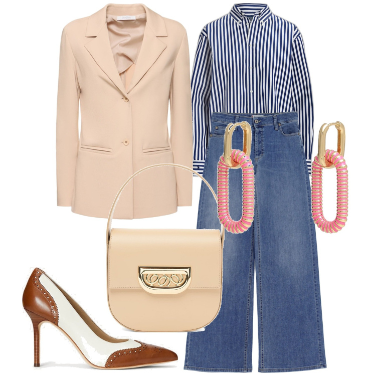 Outfit donna - Una giacca importante. Stile Casual chic per Ufficio. Abbinamento con orecchini, jeans, camicie, décolleté, blazer, borse a mano.