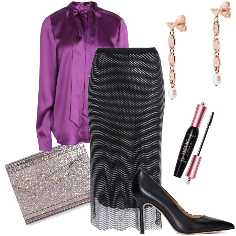 Outfit donna - La gonna midi. Stile Chic per Serata fuori. Abbinamento con gonne longuette, camicie, orecchini, mascara, décolleté, pochette.