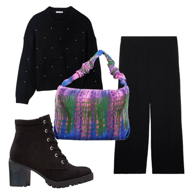 Outfit donna - Total look #1840348. Stile Trendy per Tutti i giorni. Abbinamento con stivaletti, maglieria, pantaloni a palazzo, borse a spalla.