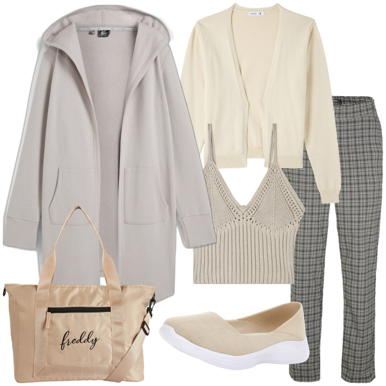 Outfit donna - Casual. Stile Casual per Tutti i giorni. Abbinamento con blazer, pantaloni, cardigans, top, ballerine, borse tote.