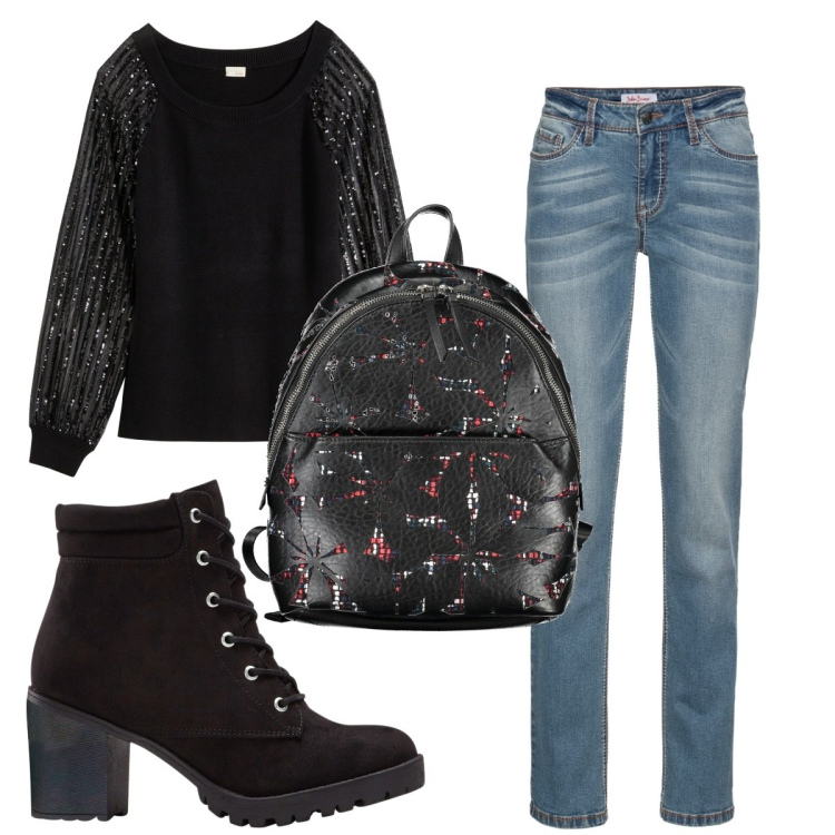 Outfit donna - Total look #1840356. Stile Basic per Tutti i giorni. Abbinamento con jeans dritti, stivaletti, maglieria, zaini.