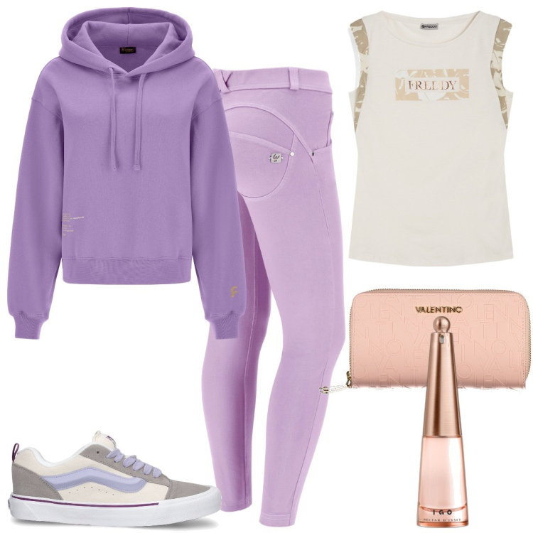Outfit donna - Giornata all\'aperto. Stile Sporty chic per Sport. Abbinamento con profumi, pantaloni skinny, felpe con cappuccio, t-shirt, portafogli, sneakers.