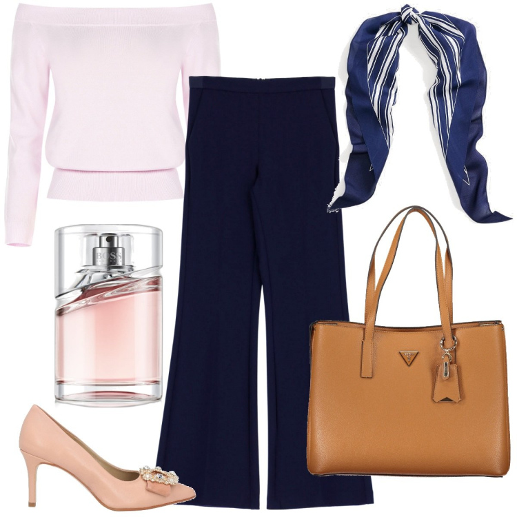 Outfit donna - In ufficio tutto il giorno. Stile Casual chic per Ufficio. Abbinamento con décolleté, profumi, maglieria, pantaloni, sciarpe, borse a spalla.
