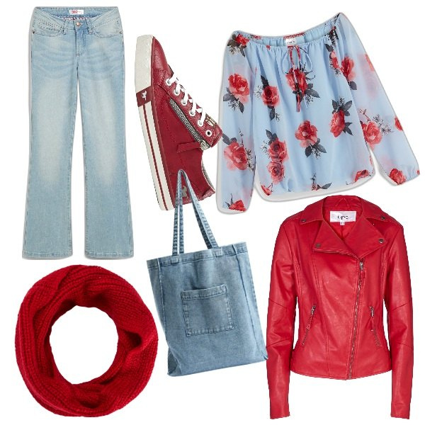 Outfit donna - Azzurro e rosso. Stile Casual per Tutti i giorni. Abbinamento con jeans bootcut, bluse, blazer, sneakers, scaldacollo, shopping bag.