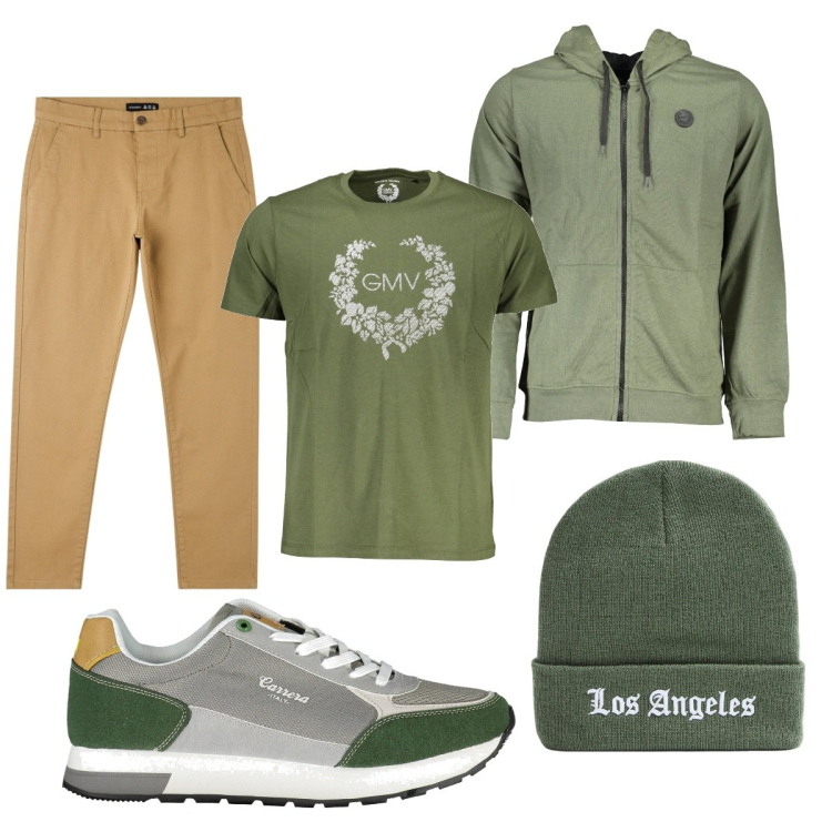 Outfit uomo - Total look #1840417. Stile Casual per Tutti i giorni. Abbinamento con pantaloni skinny, berretti, felpe con cappuccio, scarpe sportive, t-shirt.
