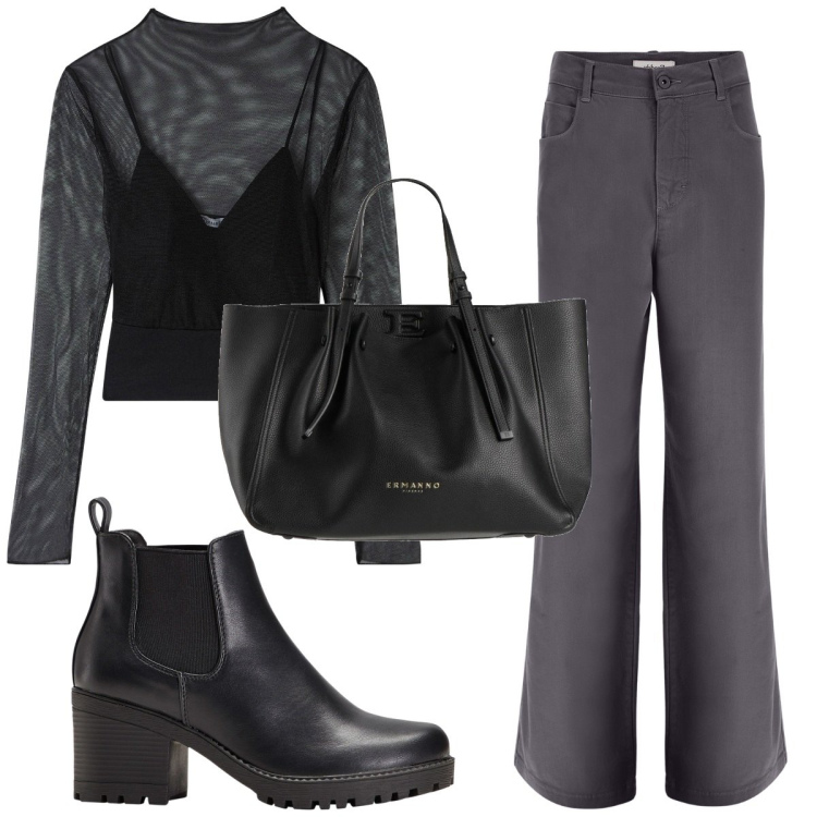 Outfit donna - Total look #1840418. Stile 70s per Tutti i giorni. Abbinamento con stivaletti chelsea, borse a mano, t-shirt, jeans.