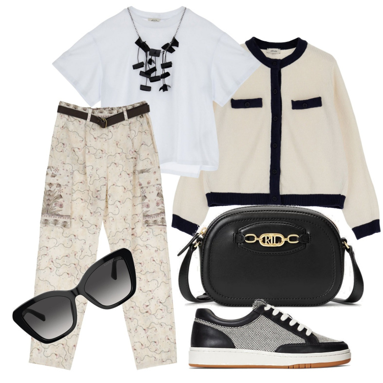 Outfit donna - Ghost outfitter - marzo. Stile Casual per Tutti i giorni. Abbinamento con cardigans, t-shirt, pantaloni cargo, occhiali da sole, sneakers, borse a tracolla.